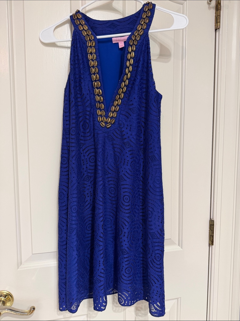 Like New Lilly Pulitzer Royal Blue Eyelet Mini Dress with Gold Shell Trim